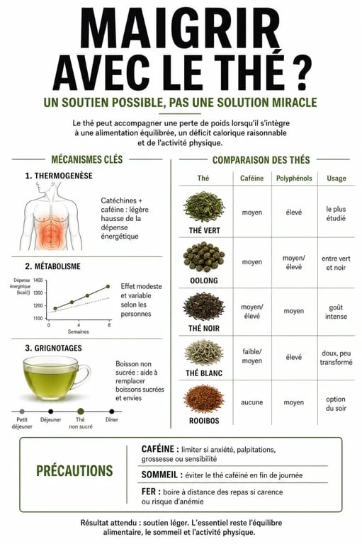 Infographie sur maigrir the : types de thés, mécanismes d’action, bénéfices et précautions