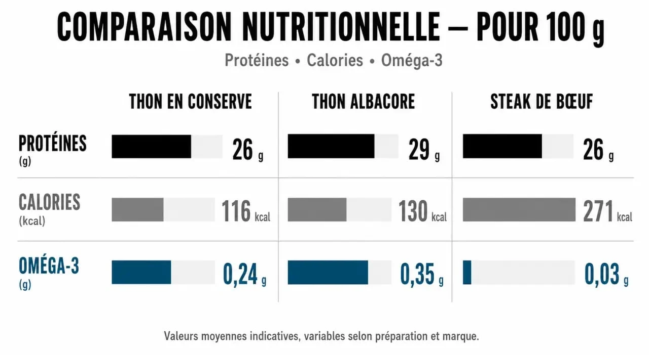 Infographie comparative de la teneur en protéines et nutriments du thon par rapport au bœuf