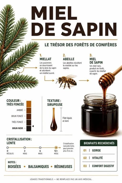 Infographie sur le miel de sapin bienfaits, origine, couleur foncée et texture sirupeuse