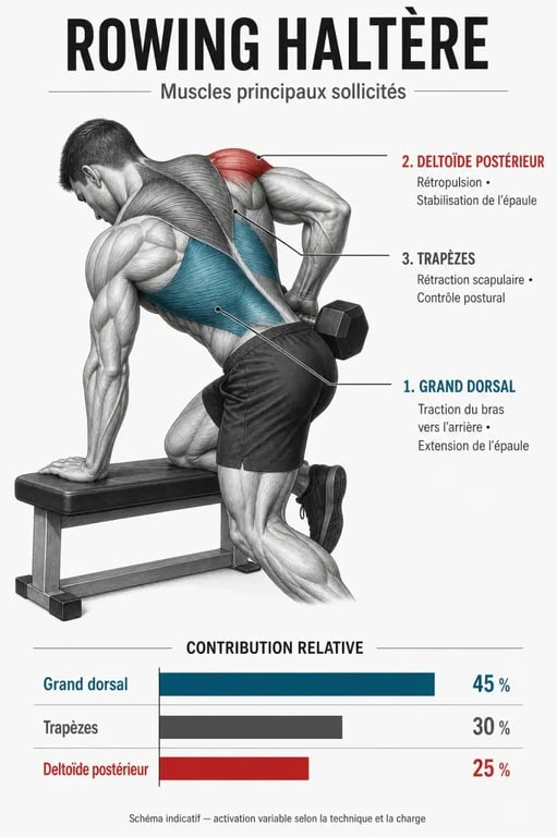 Schéma anatomique des muscles sollicités par le rowing haltère
