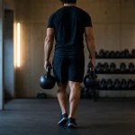 Farmer carry : athlète avec kettlebells lourdes, posture stable
