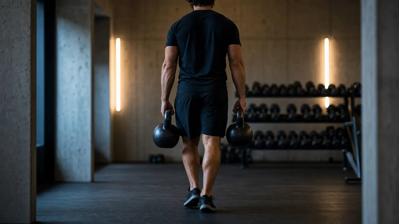 Farmer carry : athlète avec kettlebells lourdes, posture stable