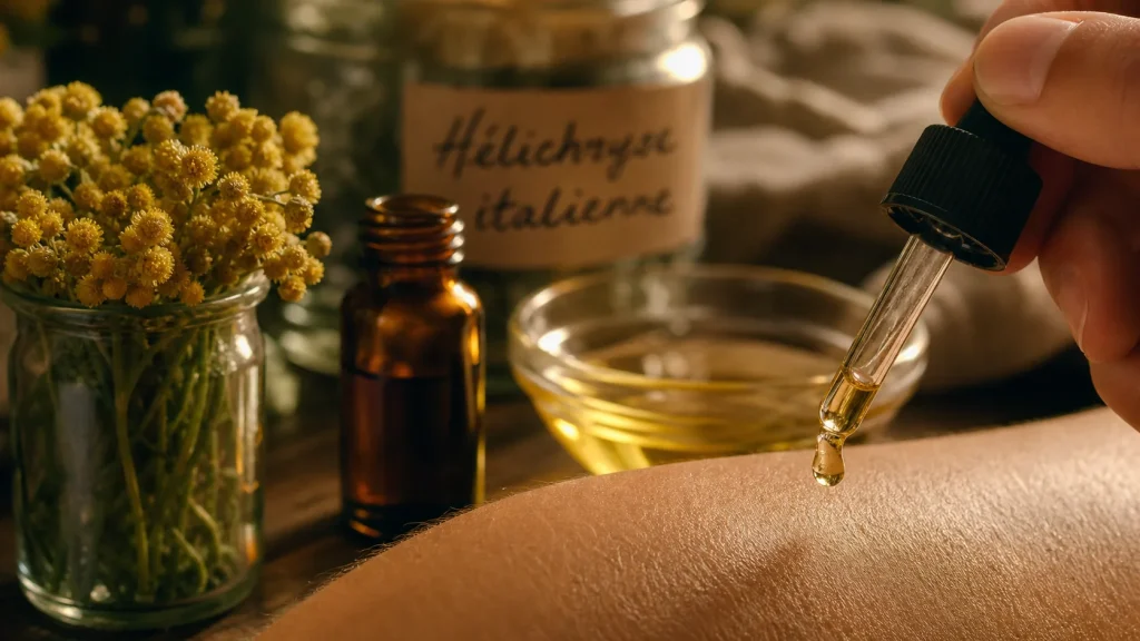 Huile essentielle immortelle utilisation : Hélichryse, goutte et dilution 10% sur peau