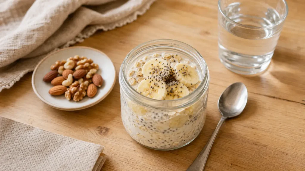 Idées de petit-déjeuner équilibré : overnight oats banane, yaourt grec et graines de chia, verre d’eau