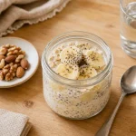 Idées de petit-déjeuner équilibré : overnight oats banane, yaourt grec et graines de chia, verre d’eau