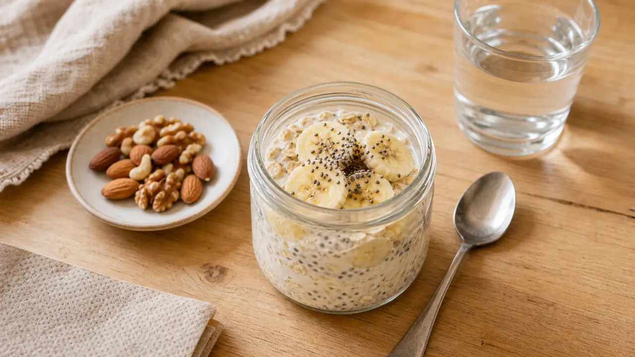 Idées de petit-déjeuner équilibré : overnight oats banane, yaourt grec et graines de chia, verre d’eau