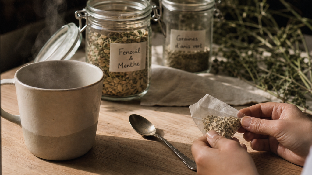 Infusion the pour ventre plat : tasse de tisane au fenouil et menthe, digestion légère