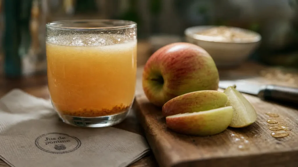 Jus de pommes bienfaits : verre de jus trouble, polyphénols et hydratation