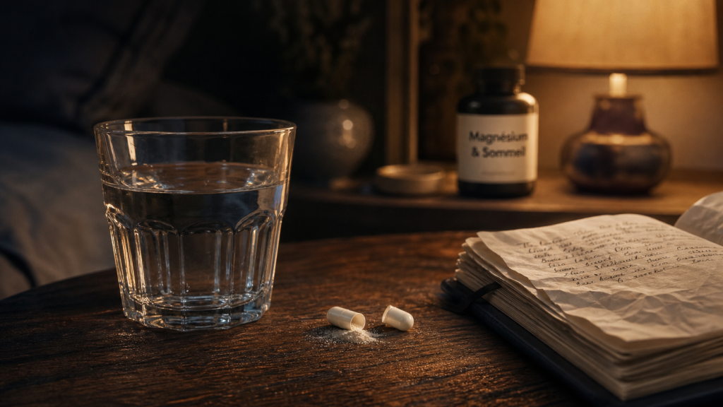Magnésium et sommeil : capsule près d’une lampe de chevet