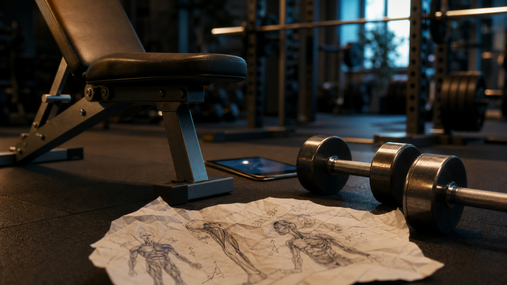 Methode de musculation delavier : banc réglable et haltères en salle