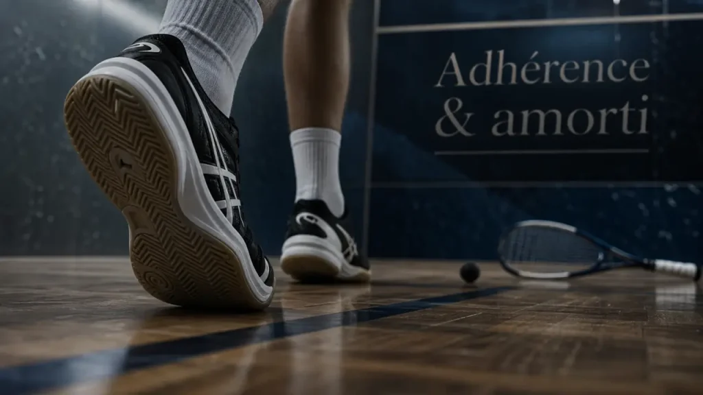 Paire chaussures squash : semelles non marquantes, adhérence et amorti