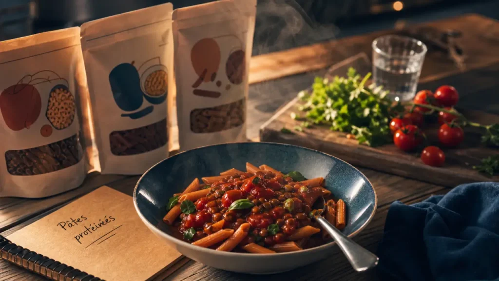 Bol de pates proteine aux lentilles, sauce tomate, sachets protéinés