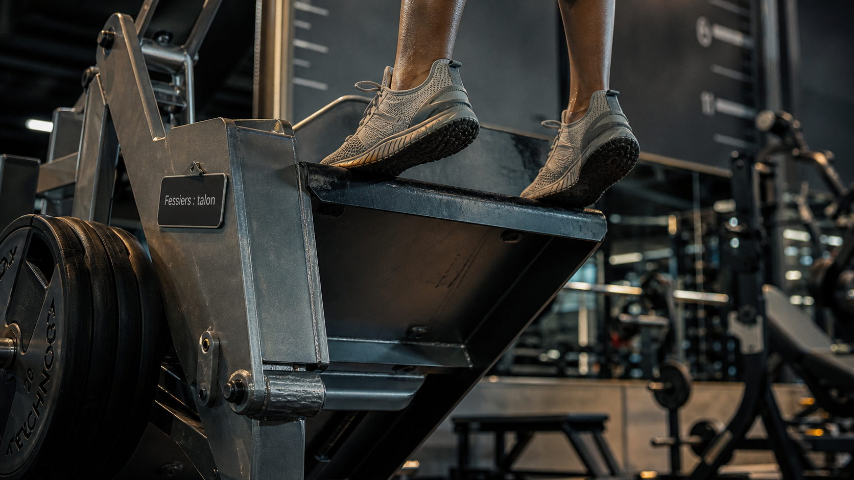 Position pied presse pour fessier : talons bien ancrés sur la plateforme