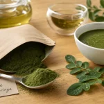 Poudre de moringa bienfait en flacon et cuillère, feuilles de moringa