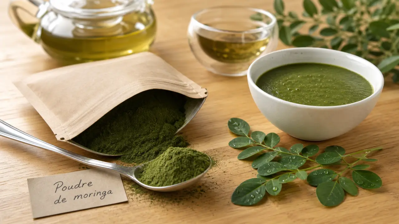 Poudre de moringa bienfait en flacon et cuillère, feuilles de moringa