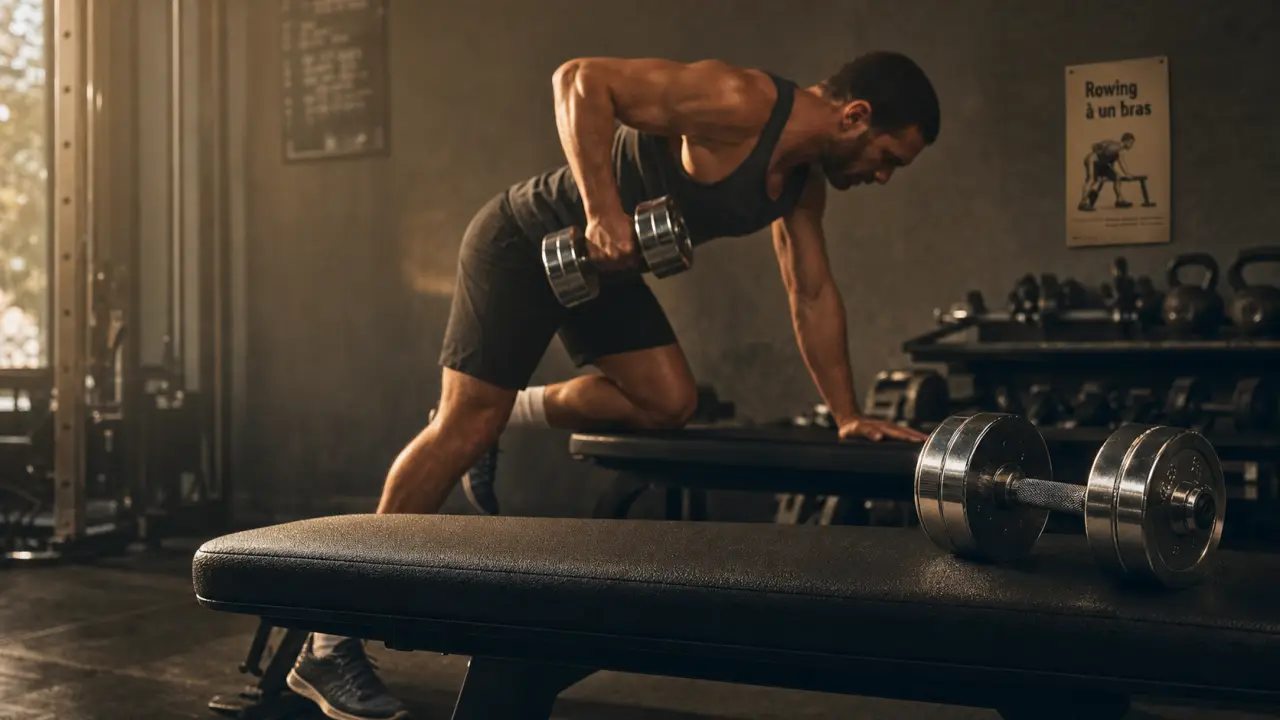 Rowing halteres à un bras : dos neutre, genou et main sur banc
