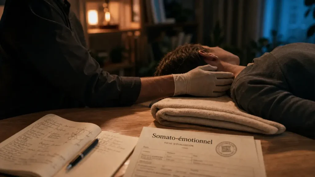 Somato émotionnel : praticien au contact de la nuque pour douleurs et tensions
