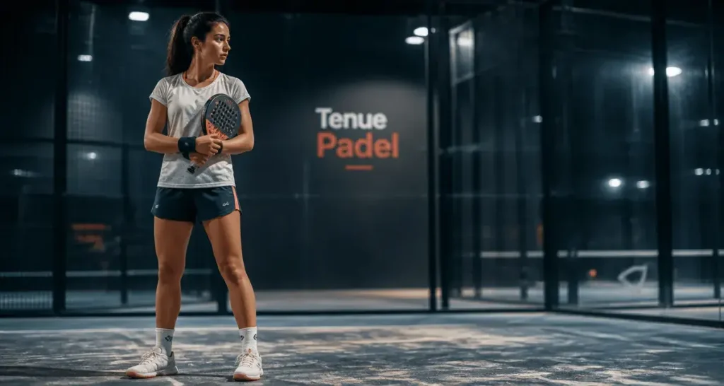 Tenue padel femme : shorty et chaussures d’adhérence sur court de padel
