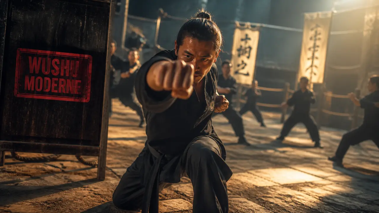 Arts martiaux en chine : wushu moderne, entraînement en plein air