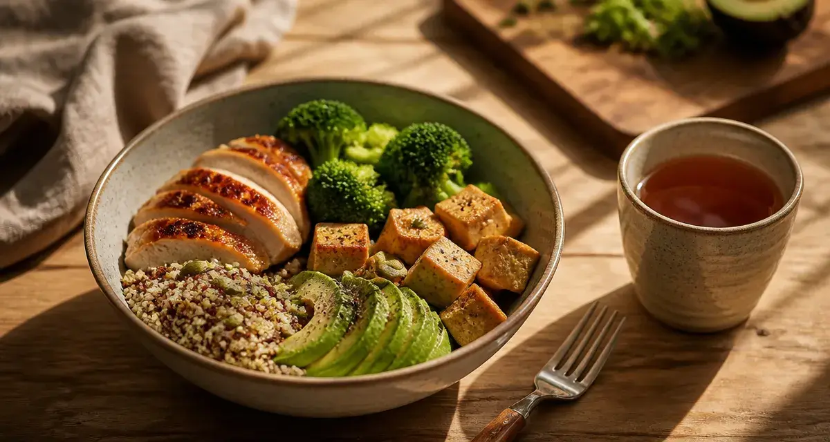 Combien de protéine par jour pour une femme pour maigrir : 1,2–1,5 g/kg, bol protéiné (quinoa, poulet, tofu)