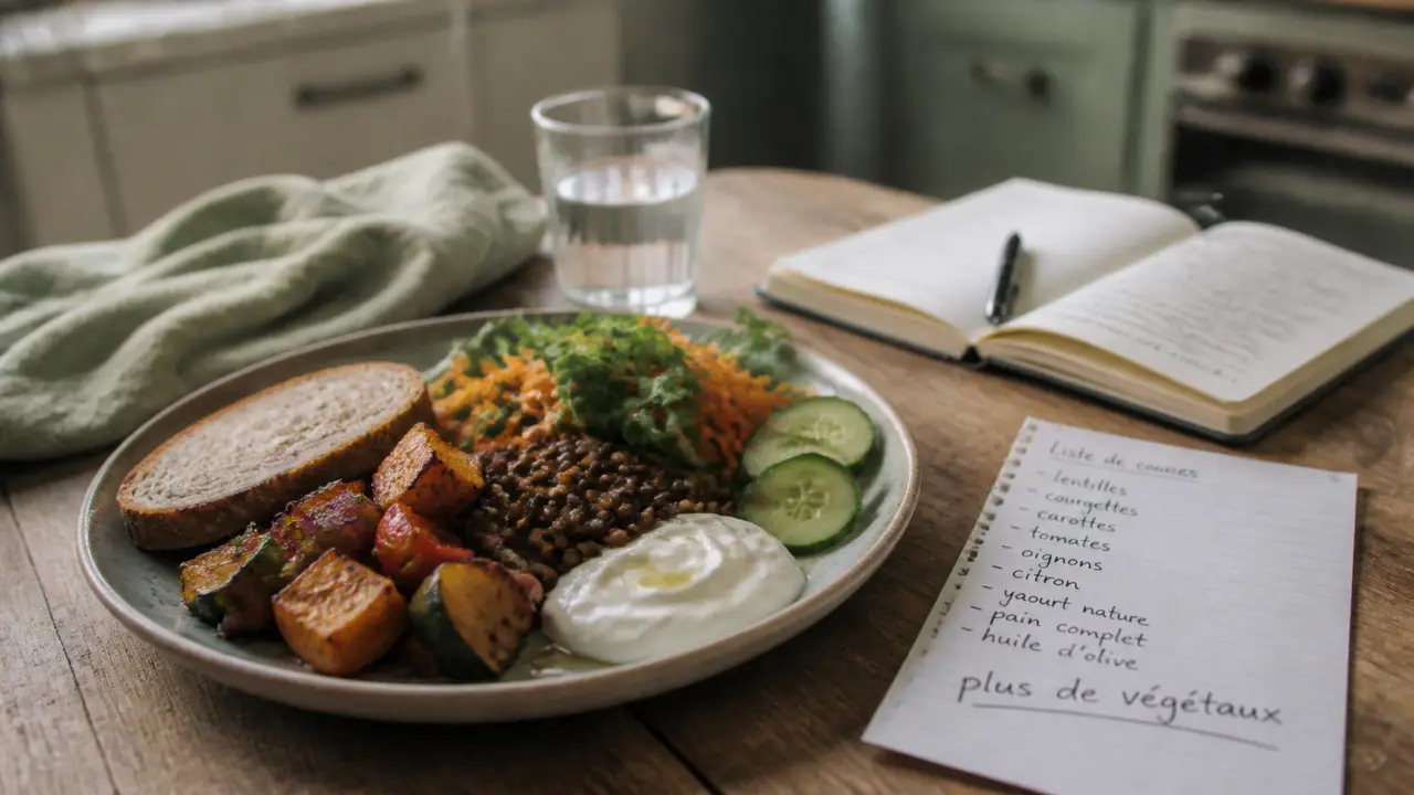 Conseils en nutrition : assiette équilibrée, légumes, lentilles, yaourt nature