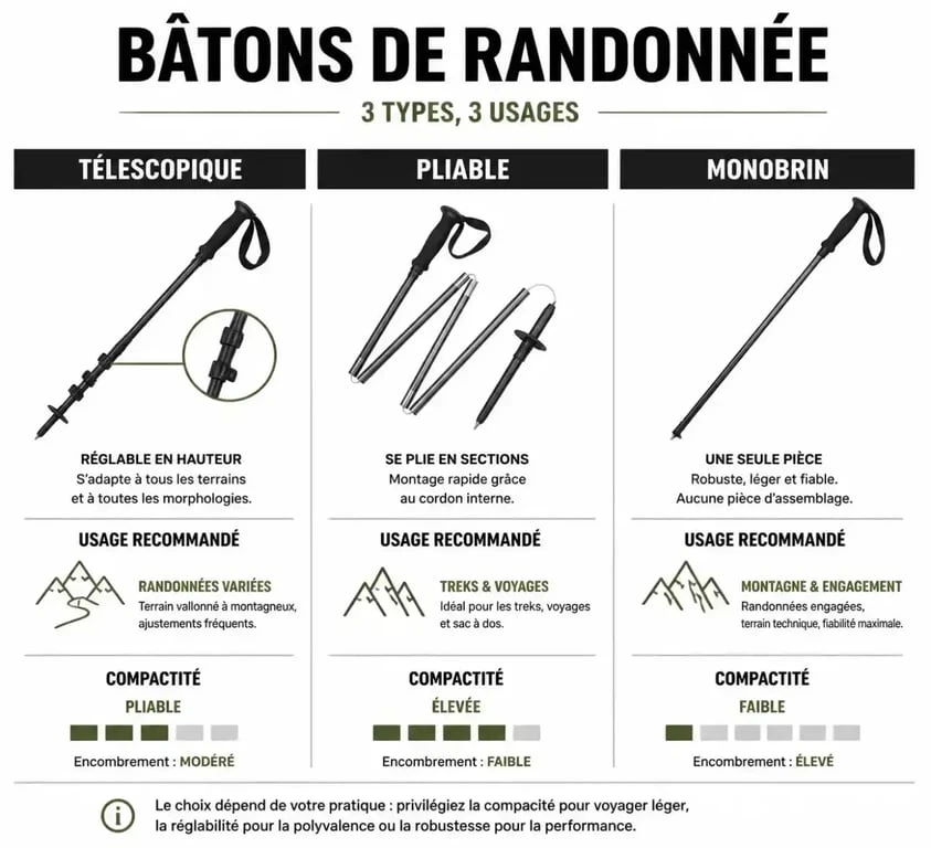 Comparatif des types de bâtons de randonnée : télescopique, pliable et monobrin