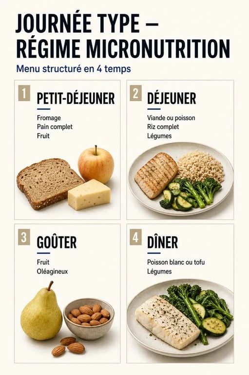Régime micronutrition menu type : exemple visuel d’une journée avec petit-déjeuner, déjeuner, goûter et dîner