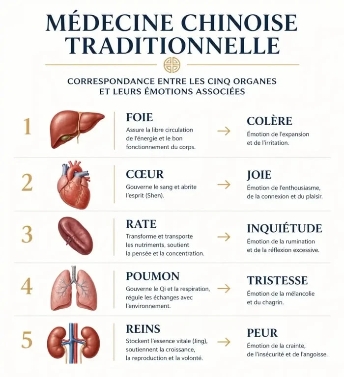 Tableau des correspondances entre organes et émotions en médecine chinoise traditionnelle