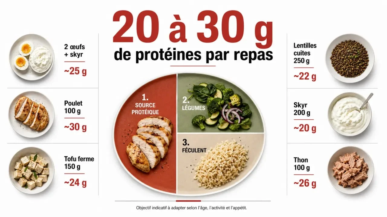 Proteine repas : repères visuels sur 20 à 30 g par repas et les principales sources protéiques faciles