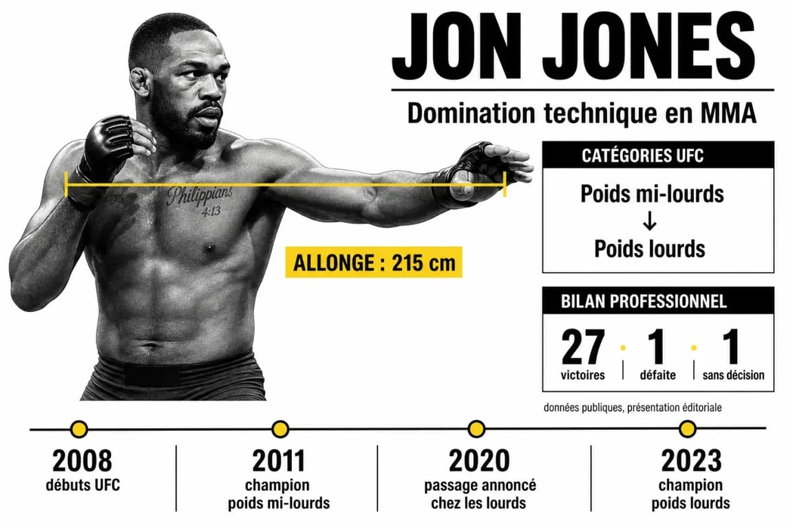 Jon Jones arts martiaux : infographie éditoriale sur ses catégories, son allonge et sa carrière en MMA