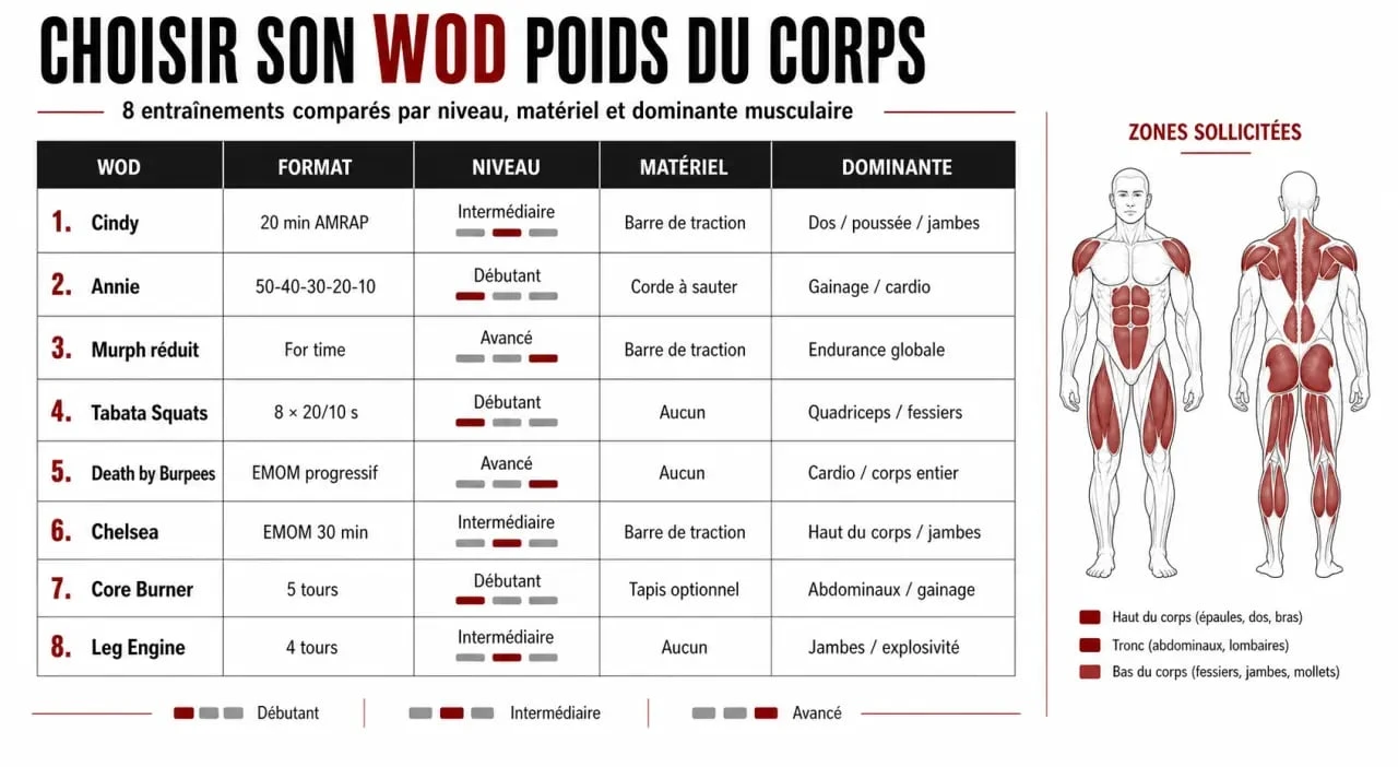 WOD poids du corps : tableau comparatif des séances par niveau, matériel et dominante musculaire