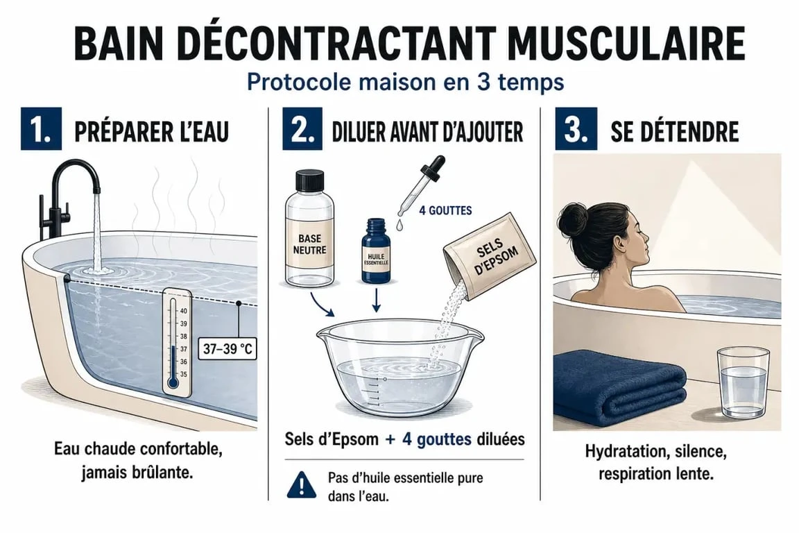 Bain décontractant musculaire maison : préparation en trois étapes avec sels d’Epsom et dilution des huiles essentielles