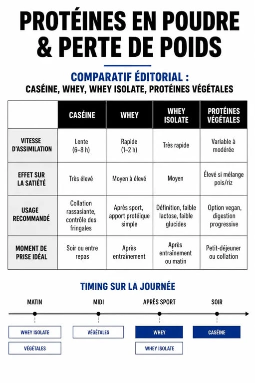 Infographie protéine poudre perte de poids comparant caséine, whey, isolate et protéines végétales