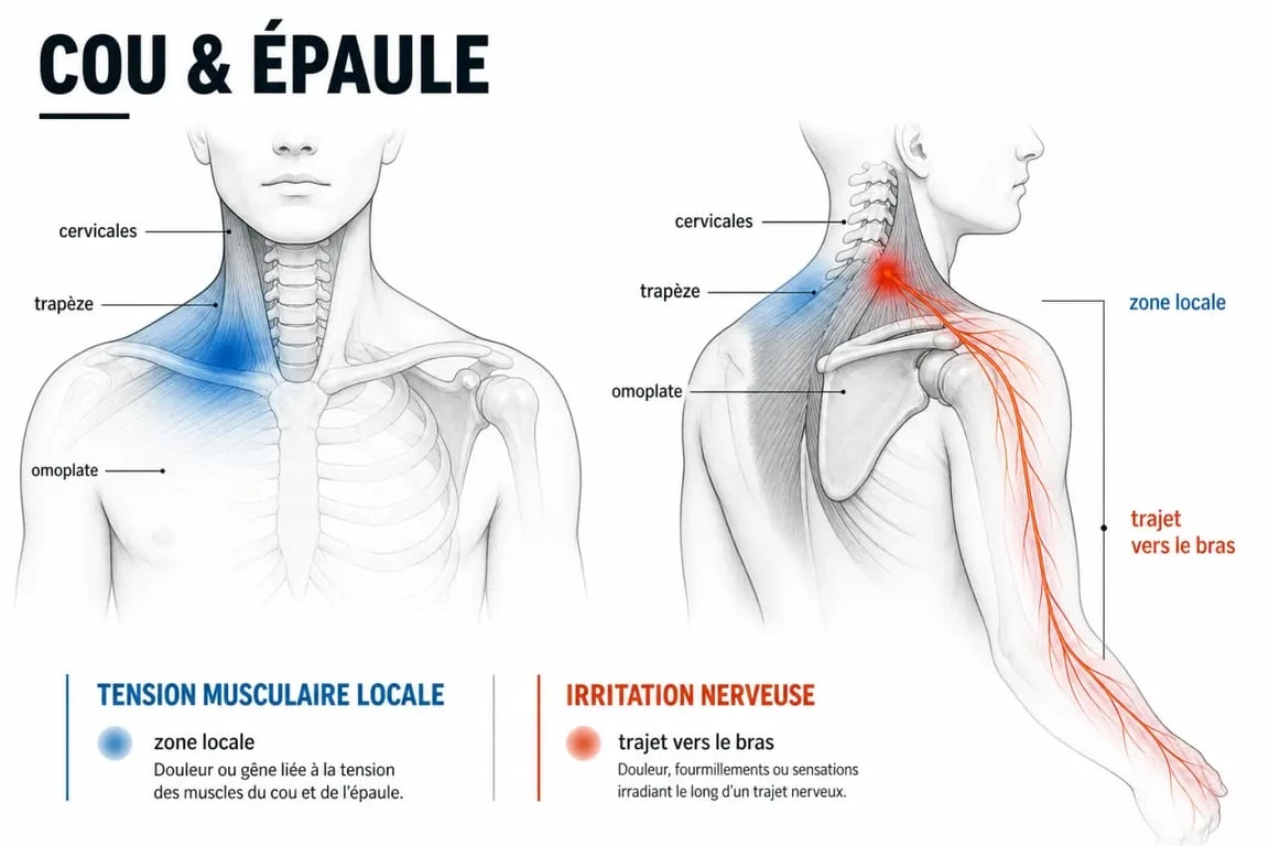 Douleur musculaire épaule et cou : schéma des cervicales, des trapèzes et des irradiations possibles vers l’épaule et le bras