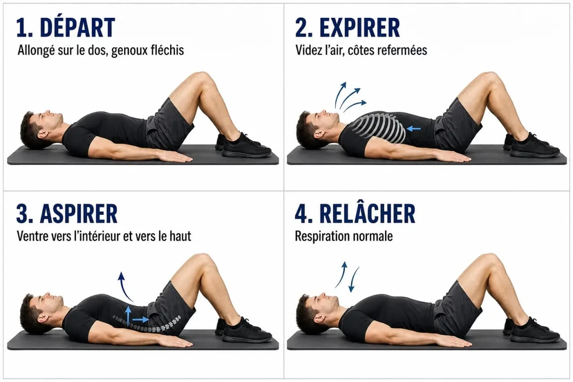 Exercice stomach vacuum en 4 étapes avec respiration contrôlée et aspiration abdominale