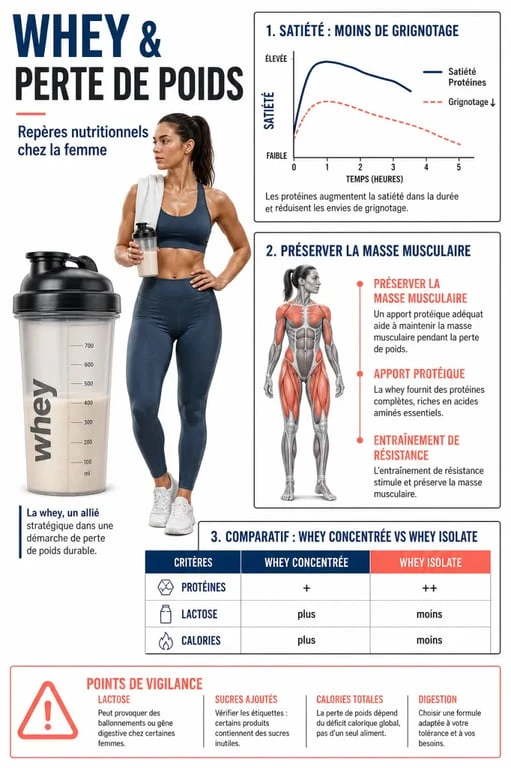 Infographie sur la protéine whey pour maigrir femme avis, bénéfices, limites et choix du bon type de whey
