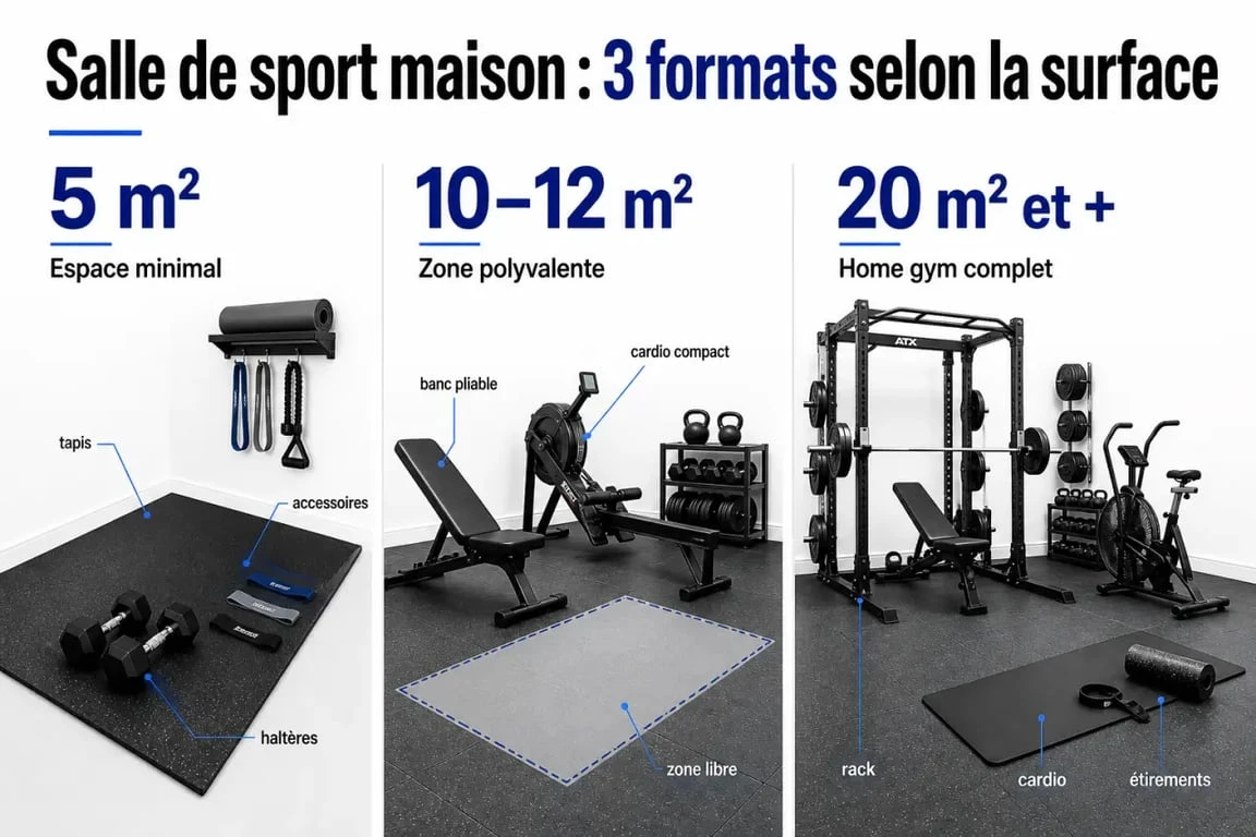 Combien de m2 pour une salle de sport maison : comparaison visuelle des surfaces 5 m², 10 à 12 m² et 20 m² et plus