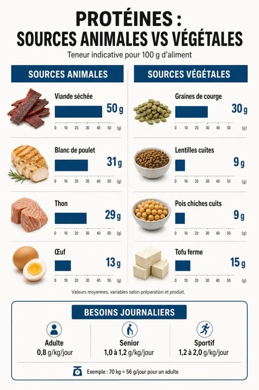 aliment source de protéine : comparaison visuelle des sources animales et végétales et des besoins quotidiens