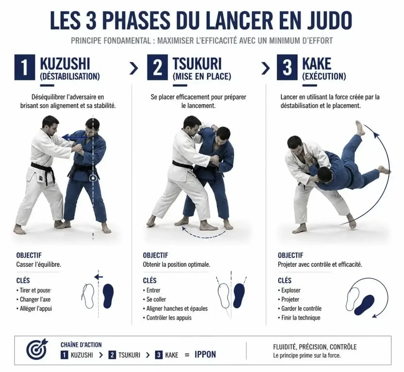 Les trois phases d'une technique de judo : Kuzushi, Tsukuri et Kake