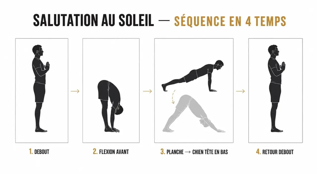 Salutation au soleil yoga en séquence illustrée de la posture debout au retour debout