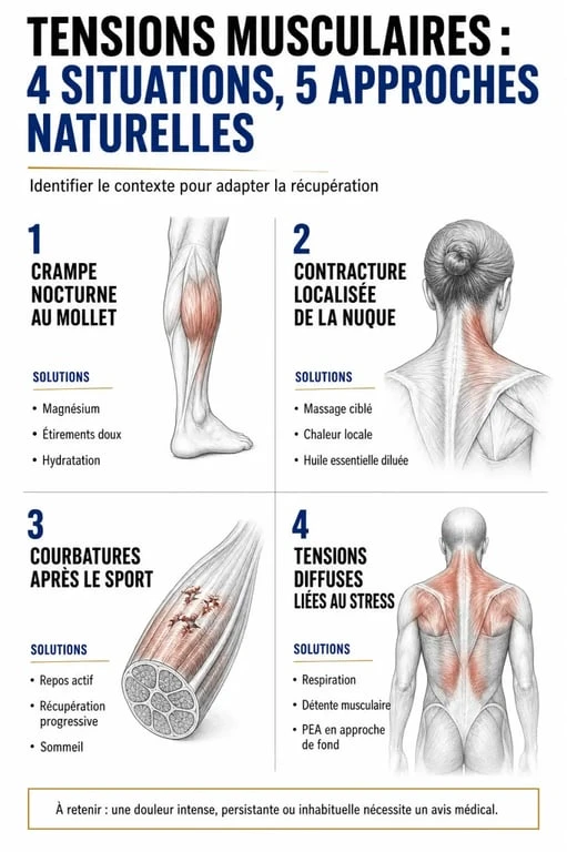 Décontractant musculaire naturel : visuel comparatif des solutions selon crampe, contracture, courbatures et tensions diffuses