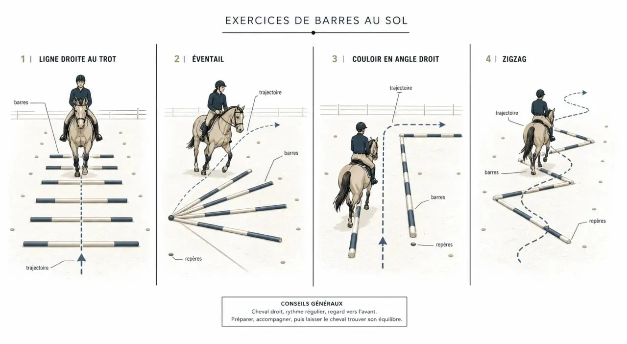 Exercices barres au sol : cheval et cavalier sur quatre tracés de travail