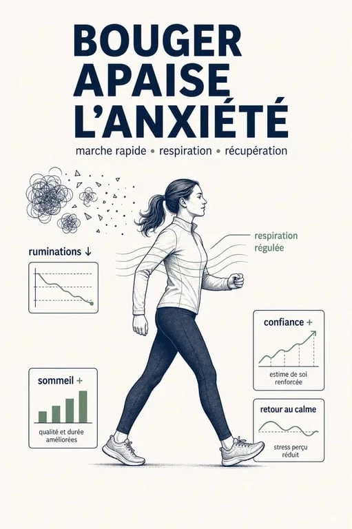 Sport et anxiété : illustration éditoriale des effets du sport sur le stress, les ruminations et le sommeil