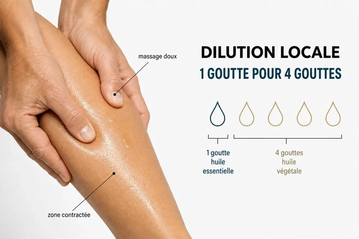 huile essentielle contracture musculaire : application locale diluée et massage doux