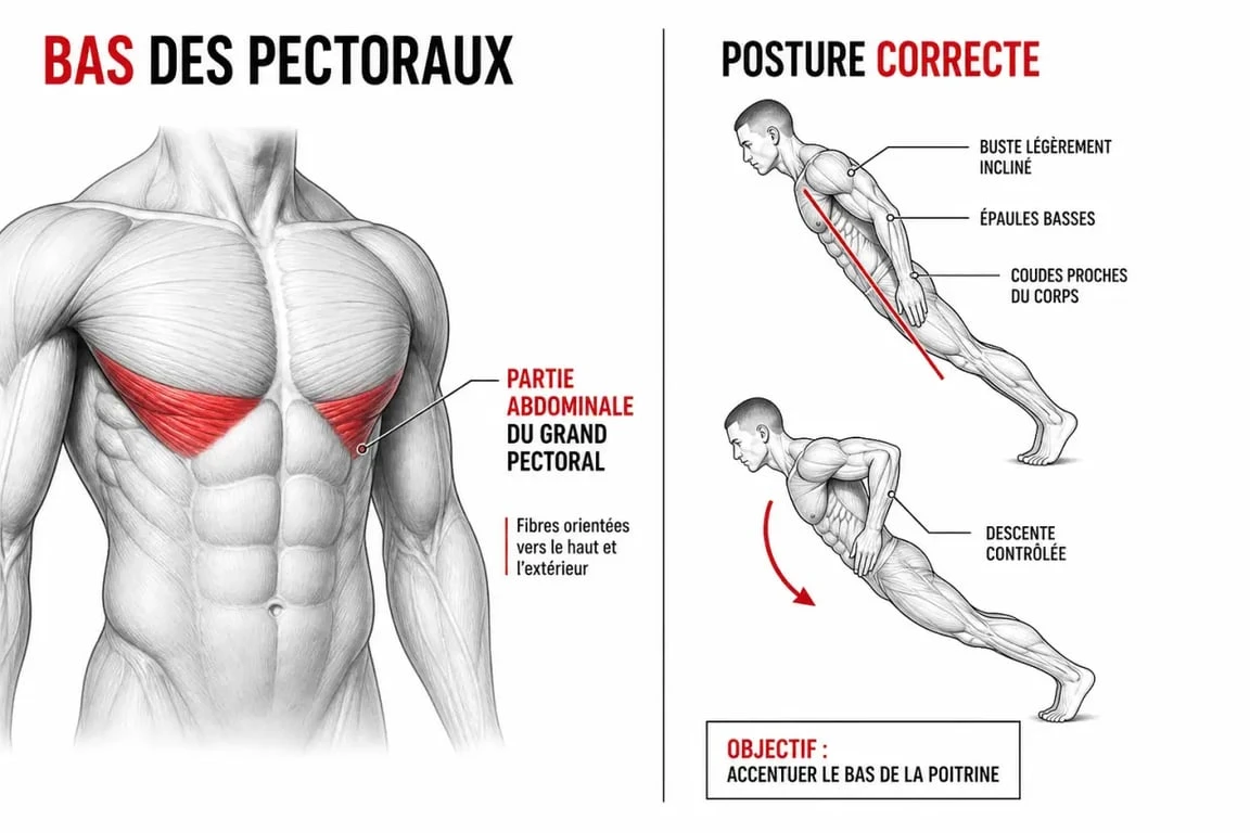Travailler le bas des pectoraux sans matériel avec schéma du grand pectoral et angle de poussée