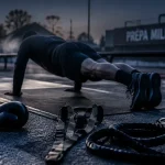 Entrainement militaire : athlète fait des pompes strictes au tapis, sang-froid