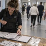 Activité physique adaptée formation : éducatrice vérifie un dossier de séance en centre médico-sportif.