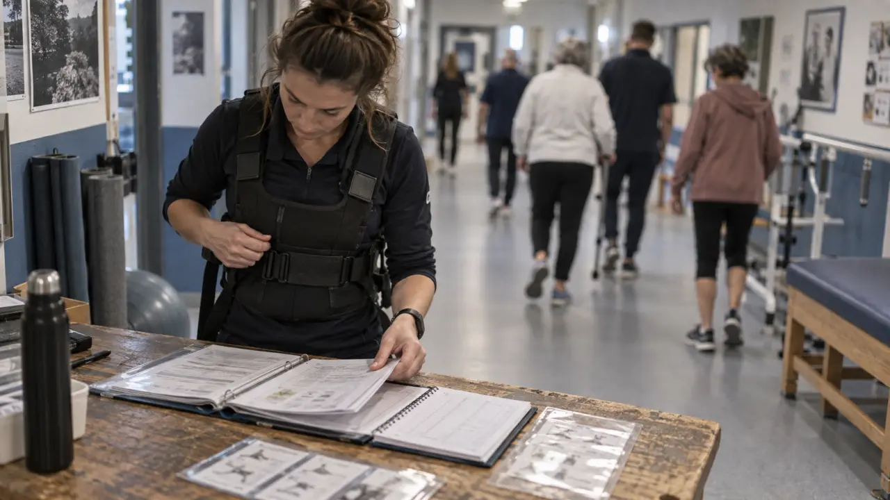 Activité physique adaptée formation : éducatrice vérifie un dossier de séance en centre médico-sportif.