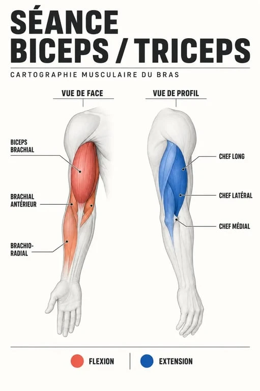 Schéma anatomique pour comprendre une séance biceps triceps et les muscles sollicités