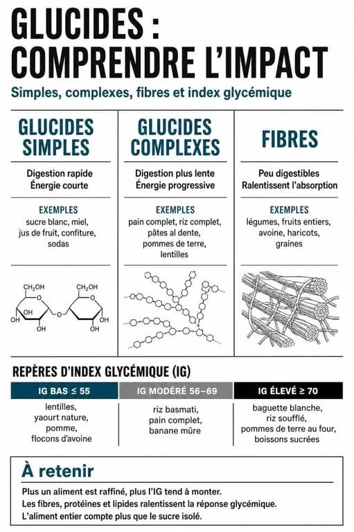 Glucides alimentation : comparaison des glucides simples, complexes et fibres